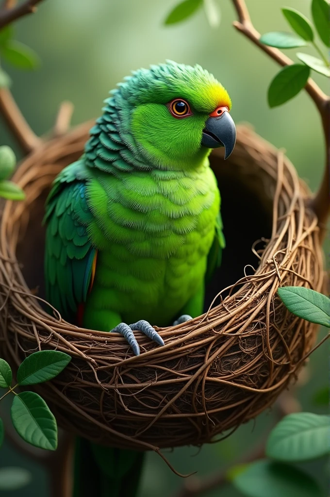 Green parrot in nest