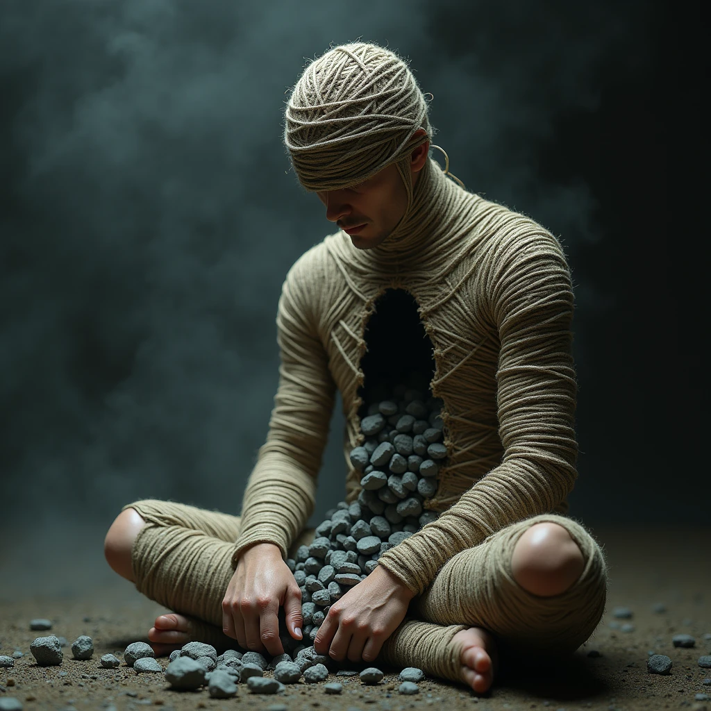 side top view, (a close up of a ball of yarn wrapped around a person, inspired by Igor Morski, surreal dark art, trapped in my conscious, dark surreal art, emotional surrealist art, surreal art, human body breaking away, illusion surreal art, by Igor Morski, inspired by Kay Sage, horror surreal art, by Kay Sage, dramatic artwork, great digital art with details). realistic style, photo, photorealistic, high detail, (sharp), (photorealism:1.2), (photo:1.2) of a full body person completely wrapped in rough, thick twine or rope, creating a sense of constriction and entrapment. (sitting on the ground with legs crossed), (sitting cross-legged on the ground), The twine covers the entire body, including the hands, which are barely visible through the layers of binding. The person’s stance is tense, with their torso slightly bent forward as they forcefully pull apart an opening in their chest. The edges of the tear are jagged, as if the skin and twine are ripping apart simultaneously. From the gaping wound in the chest, gray stones tumble out. The stones are various sizes, rough and irregular in shape, adding to the unsettling atmosphere of the scene. The expression on the person’s partially obscured face is one of intense strain and pain, reflecting the physical and emotional turmoil of the act. The background is shadowy and indistinct, further emphasizing the focus on the figure and the eerie transformation taking place. The overall tone of the image is dark and somber, evoking feelings of anguish and despair. , detailed features, ultra realistic, smoke, fog, dust, motion blur, blurred foreground, blur background, progressive background