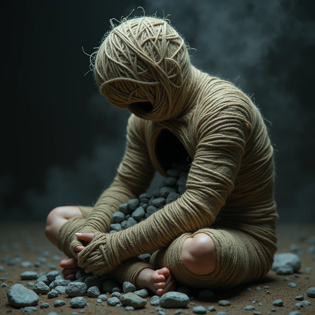 side top view, (a close up of a ball of yarn wrapped around a person, inspired by Igor Morski, surreal dark art, trapped in my conscious, dark surreal art, emotional surrealist art, surreal art, human body breaking away, illusion surreal art, by Igor Morski, inspired by Kay Sage, horror surreal art, by Kay Sage, dramatic artwork, great digital art with details). realistic style, photo, photorealistic, high detail, (sharp), (photorealism:1.2), (photo:1.2) of a full body person completely wrapped in rough, thick twine or rope, creating a sense of constriction and entrapment. (sitting on the ground with legs crossed), (sitting cross-legged on the ground), The twine covers the entire body, including the hands, which are barely visible through the layers of binding. The person’s stance is tense, with their torso slightly bent forward as they forcefully pull apart an opening in their chest. The edges of the tear are jagged, as if the skin and twine are ripping apart simultaneously. From the gaping wound in the chest, gray stones tumble out. The stones are various sizes, rough and irregular in shape, adding to the unsettling atmosphere of the scene. The expression on the person’s partially obscured face is one of intense strain and pain, reflecting the physical and emotional turmoil of the act. The background is shadowy and indistinct, further emphasizing the focus on the figure and the eerie transformation taking place. The overall tone of the image is dark and somber, evoking feelings of anguish and despair. , detailed features, ultra realistic, smoke, fog, dust, motion blur, blurred foreground, blur background, progressive background