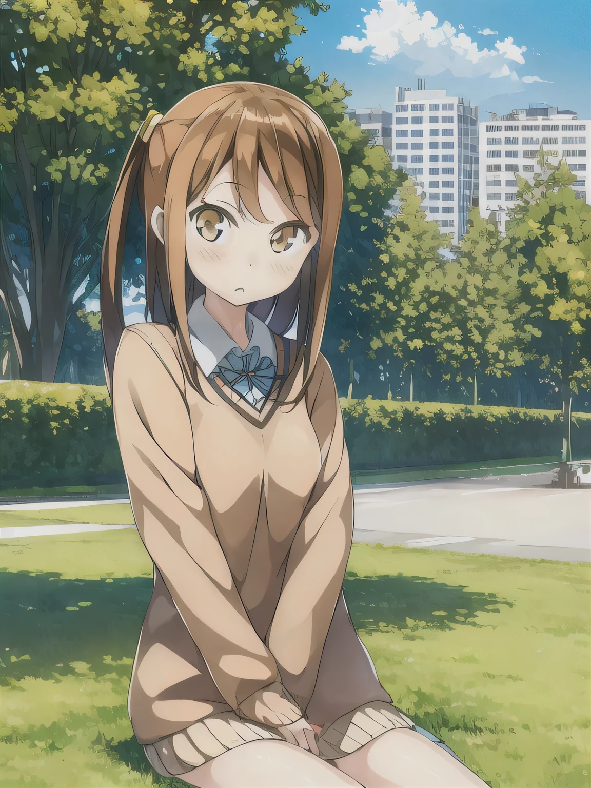 1 tailed hair, long hair girl, standard anime girl pony, light brown hair, light brown eyes, school uniform with sweater, sit on the grass, river, city building, trees