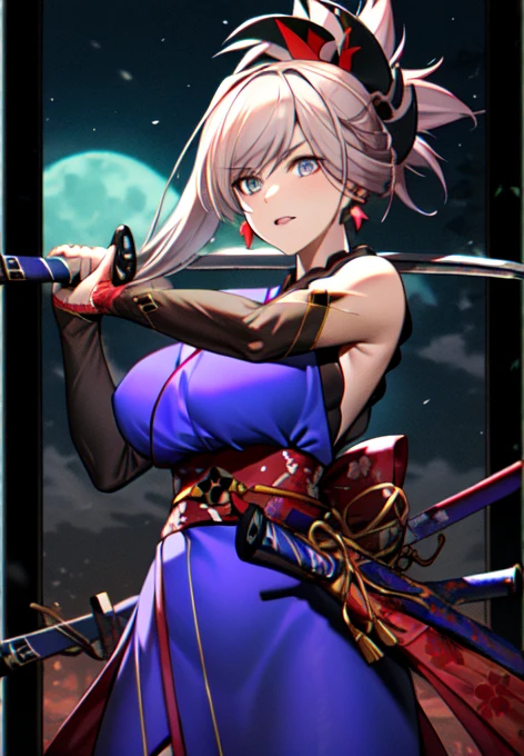 masterpiece, best quality, high resolution,
Saber1, Default Kimono, 1girl, solo, weapon, sword, katana, holding, dual wielding, sheath, looking at viewer, breasts, holding weapon, moon, holding sword, night, large breasts, full moon, border, long hair, unsheathed, cowboy shot, night sky, sky
