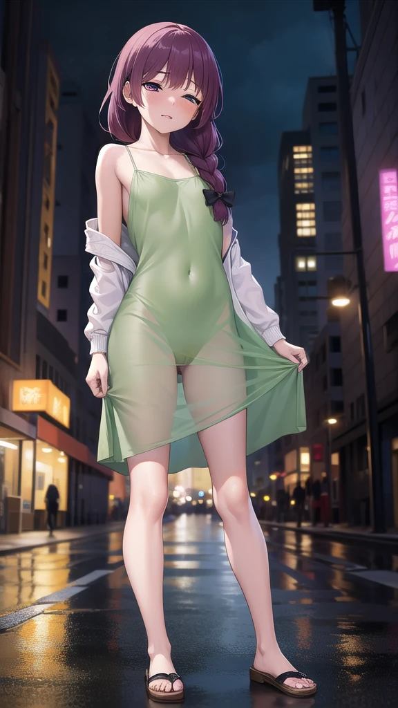 BREAK looking at viewer, BREAK (masterpiece:1.2), best quality, high resolution, unity 8k wallpaper, (illustration:0.8), (beautiful detailed eyes:1.6), extremely detailed face, perfect lighting, extremely detailed CG, (perfect hands, perfect anatomy),city,buildings,street, neon lights,wet road,reflections,night,kikuri hiroi, black bow, blunt bangs, braid, closed eyes, fang, hair bow, hair over shoulder, long hair, purple hair, sidelocks, single braid,small breasts,
black jacket, brown footwear, collarbone, wet dress, green dress, jacket, long sleeves, open clothes, open jacket, raglan sleeves, white sleeves,nipples see through,upskirt, showing panties,white panties, camel toe,from below.