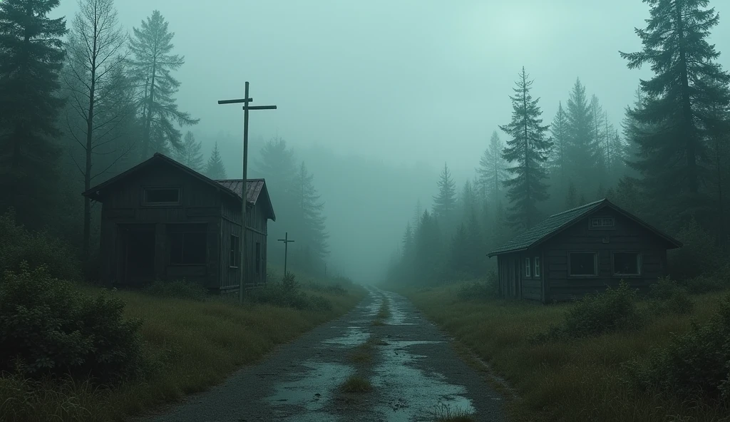  A desolate scene of the abandoned settlement with no Maltese cross in sight, emphasizing the absence of the expected sign and the overall emptiness of the area. The scene should be overcast and mysterious, with a focus on the untouched, silent settlement and the dense forest encroaching upon it