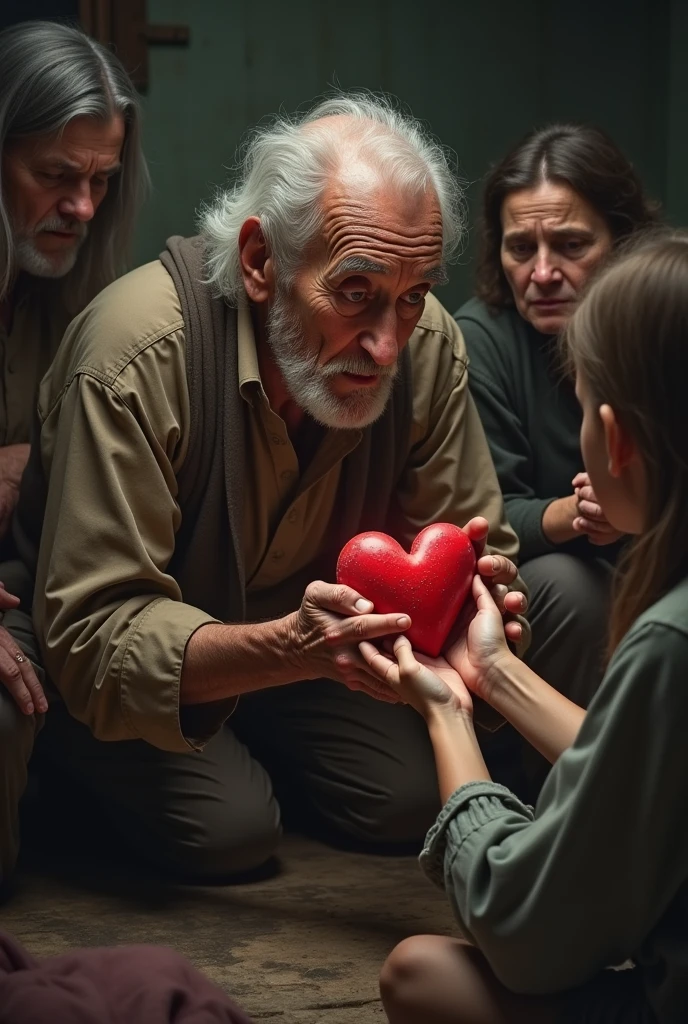 Old man trying to give a his heart family