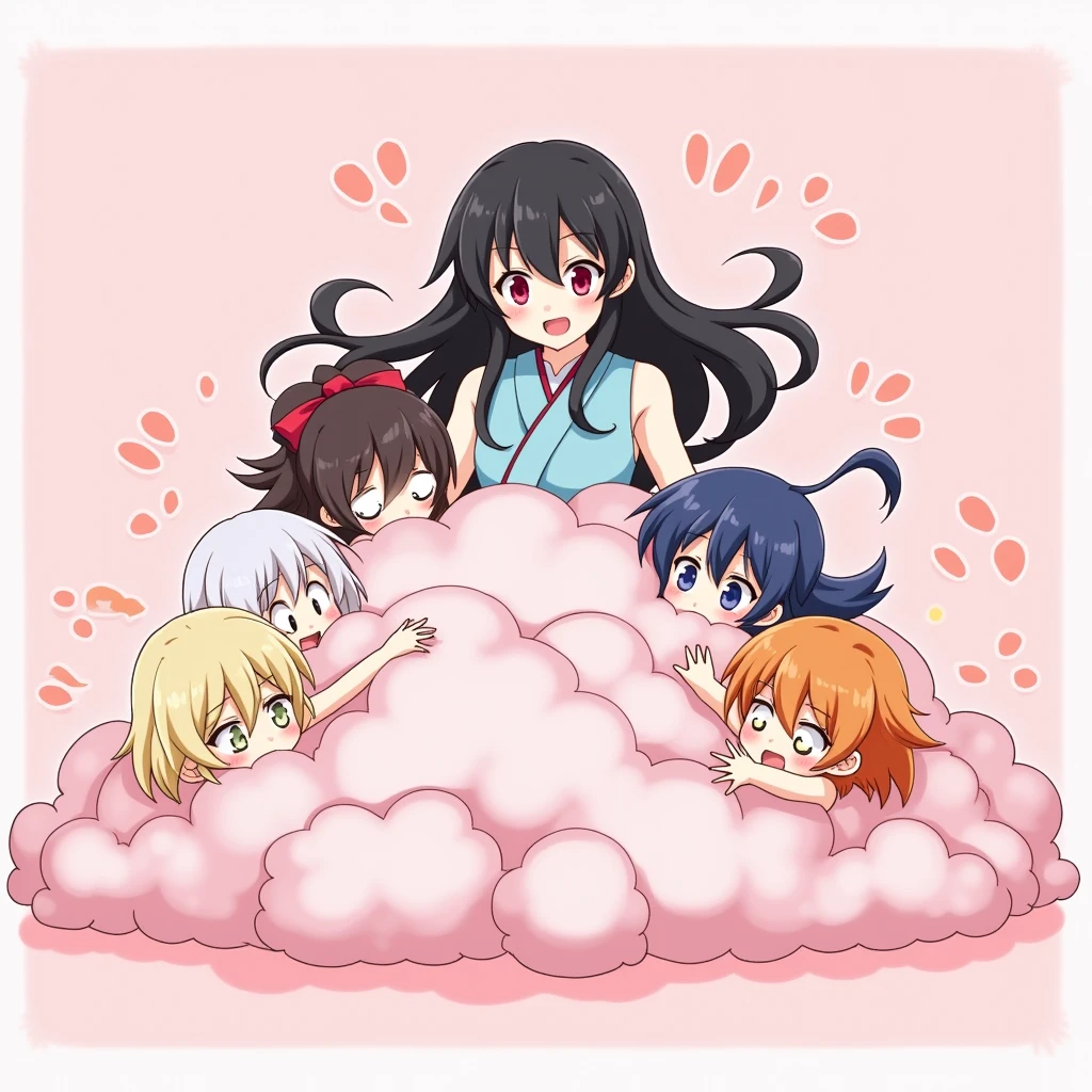 An anime-style illustration depicting many girls and many ladies playfully wrestling with each other inside a comical fight cloud.
each girl and lady has different colored hair.
their faces,hands,and feet are visible emerging from the cloud as they tussle humorously, with the rest of their bodies completely hidden inside the cloud.
the illustration emphasizes the humorous and energetic nature of their scuffle,with a fluffy andexaggerated fight cloud.