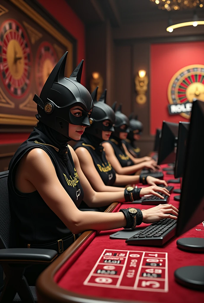Create a realistic image with 7 female players wearing the Batman mask, without shirts , with an army vest with the rollerete print, with diamond chains and Rolex on their wrists, each one sitting with their computer showing the computer screen at a roulette table playing the game of roulette, in a room customized with the theme of the roulette game, roulette championship medals, roulette course certificate on the bedroom wall and a large picture of the roulette game 