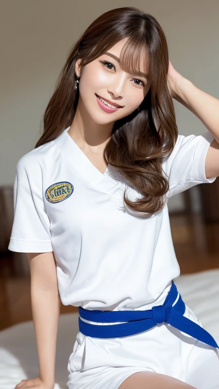 (Highest quality、8k、Award-winning works、Ultra-high resolution)、One beautiful woman、(Smile at the audience:1.2),(blonde:1.1)、Bright color contacts、Perfect Makeup、Bright and shiny lipstick、(Very heavy makeup:1.2)、Beautiful bright eyeshadow、Heavy makeup around the eyes、very long wavy hair、(Romantic affection:1.1)、The best smile he had when he saw me、(Strongly blurred background of the stadium:1.1)、(Strongly blurred background:1.1)、Accurate anatomy、Ultra HD Hair、(Ultra-high resolutionの完璧な美しい歯:1.1)、Ultra-high definition beauty face、Ultra HD Hair、Ultra HD Shining Eyes、輝くUltra-high resolutionの美肌、Ultra-high resolutionの艶やかな,Judoka, Wearing a white judo uniform:1.3,Black belt