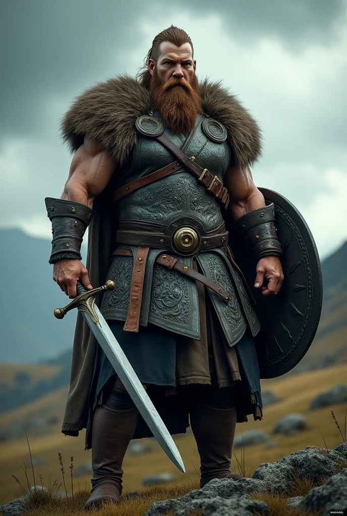 (Masterpiece, ultra detailed: 2), (best quality: 2), (beautiful man: 2), (beautiful face: 2), viking warrior man, muscular, standing with unsheathed sword.