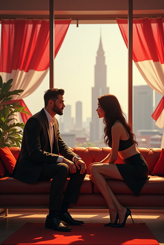 photorealism:1.2), Indonesian man, 40 years old,A big and fat, neat short black hair, a little beard, face facing the camera, in a luxurious office area, casual suit sitting on a sofa with a beautiful, sexy woman, wearing a short skirt and high heels, glass background with urban panorama and Indonesian independence day celebration with many red and white flags, visible from a tall building, realistic, intricate details, warm colors, by Greg Rutkowski, by Alphonse Mucha