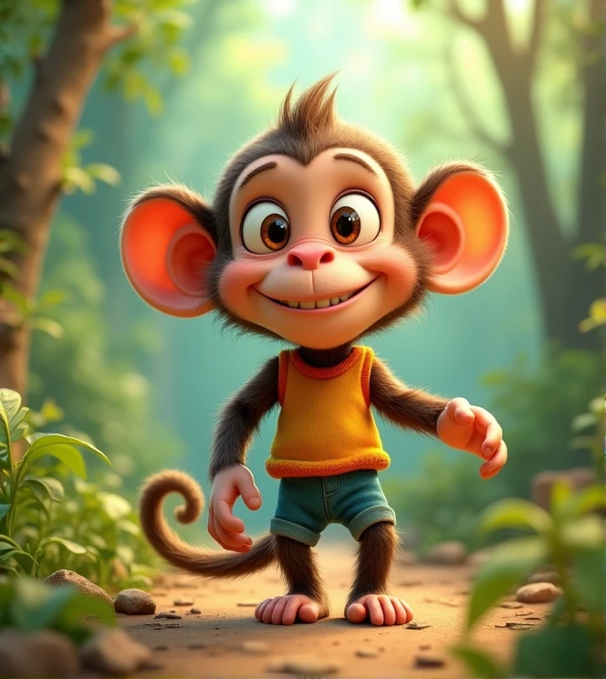 Imagine a lifelike little monkey with humorous exaggerated features, oversized, wearing cute clothes, bright eyes and curiosity, smiling, positive image, smiling little monkey, Disney style, capturing natural textures, although its little claws are slightly larger, they are cuter. The background is a simple forest with an emphasis on natural colors and some greenery to create bright colors
