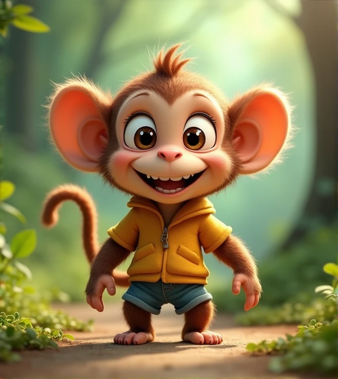 Imagine a lifelike little monkey with humorous exaggerated features, oversized, wearing cute clothes, bright eyes and curiosity, smiling, positive image, smiling little monkey, Disney style, capturing natural textures, although its little claws are slightly larger, they are cuter. The background is a simple forest with an emphasis on natural colors and some greenery to create bright colors