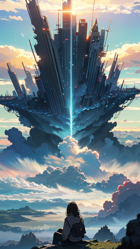 octane render, bioluminescent,8K resolution concept art, realism,by Mappa studios,masterpiece,best quality,official art,illustration,ligne claire,(cool_color),perfect composition,absurdres, fantasy,focused,(in the air),(above the cloud:1.4),(finely detailed modern lost_city:1.3),(lost_city towering above the clouds:1.2),epic,(focus_girl:1.2),(girl in city peak of Broken bridge), sitting on the verge of that bridge looking at the far horizons,rule of thirds,anime_face,fine-tuning face, detailed eyes,cute face,black hair, finely detailed fantasy traveler clothes,calm expression ,overhead_viewer,wind blow at viewer,fantastic plant,book,Giant World Tree,motion,(depth_of_field), extension image, view from above