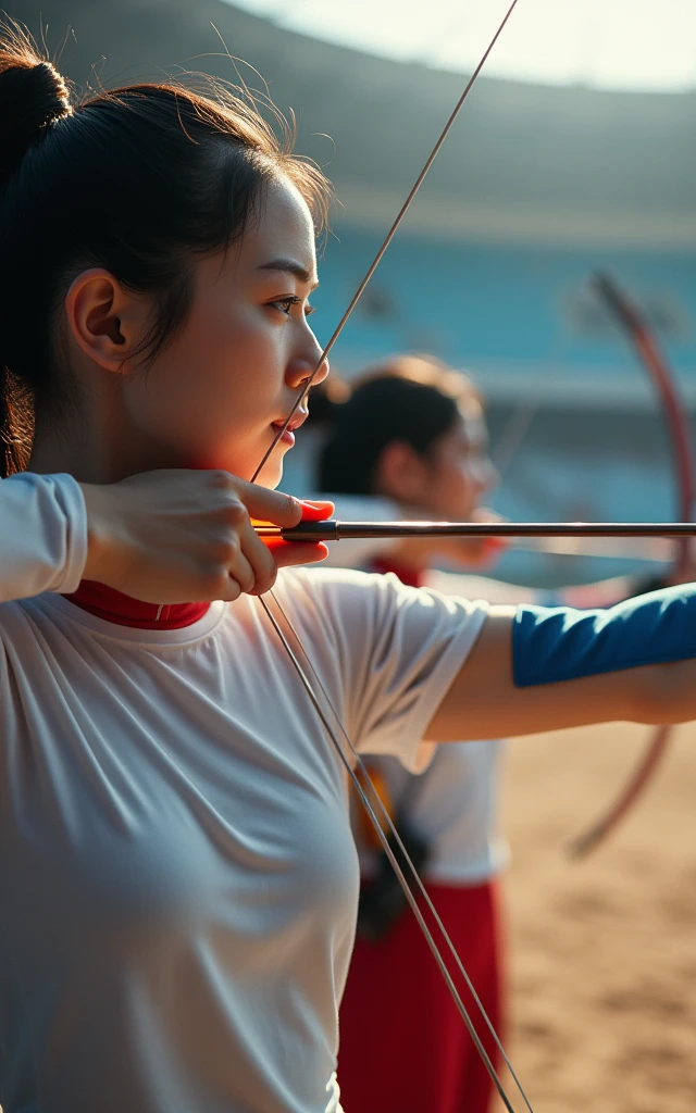 Women's archery team,Korean team,18-year-old beauty,Olympic Games venue,Professional equipment,Focus,Ten rings,Olympic competition background