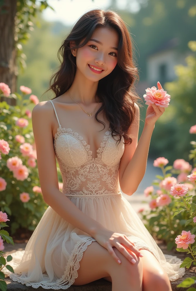 Lace short dress,Smile,High heel,Beautiful Girl,Flowers,student