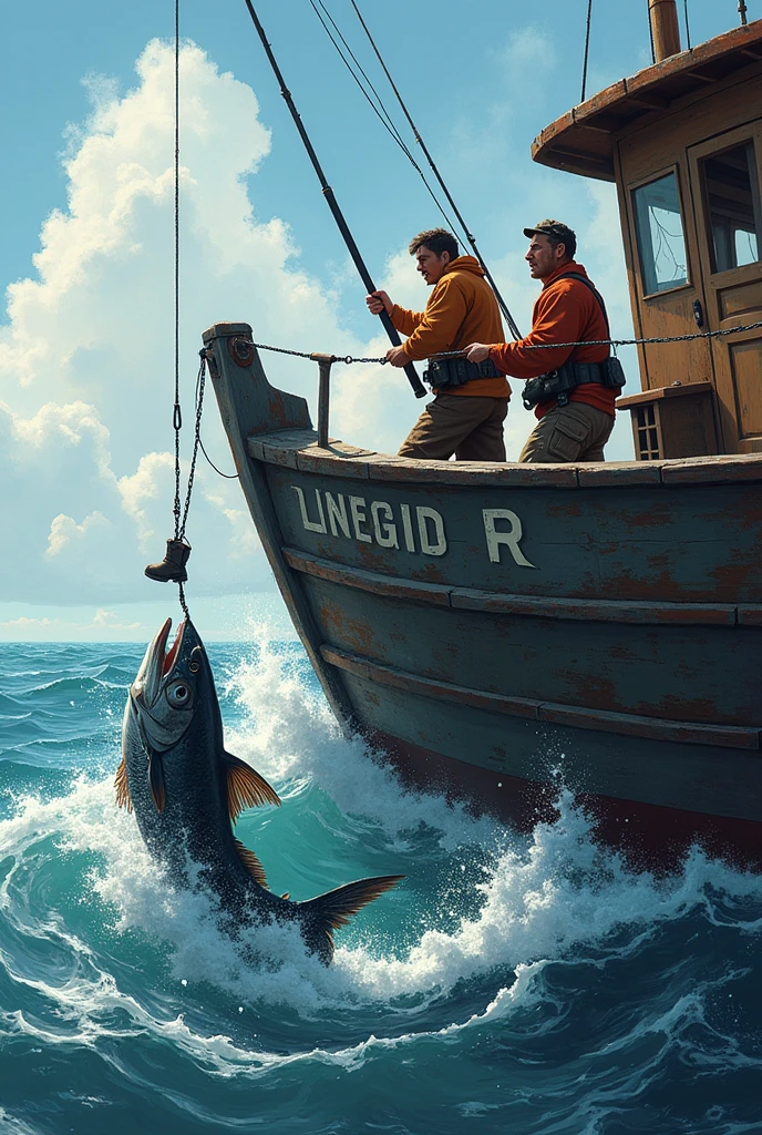 The moment when three strong fishermen catch a medium-sized fish from the deck of a boat, the fish jumps around, the water splashes, and one of them has a boot dangling from the end of his fishing line.