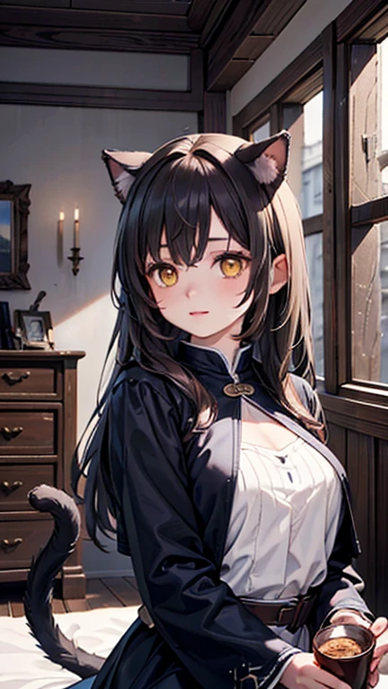 A detailed realistic portrait of a girl with cat ears and a cat tail, yellow eyes, and dark hair, sitting in a medieval bedroom, wearing medieval clothes, best quality,4k,8k,highres, medieval tavern, fantasy, detalized face, detalized clothes, cutie wear
