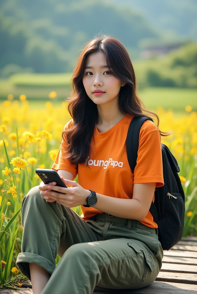 beautiful Korean girl, white, well-groomed face, wearing a long orange t-shirt with the Young Papa logo, cargo pants, backpack, wearing a cool watch, sitting on a wooden bridge, holding an iPhone 15 Promex, there are beautiful flowers blooming, in the background , rice fields grow, rice fields look authentic, photos are original and realistic