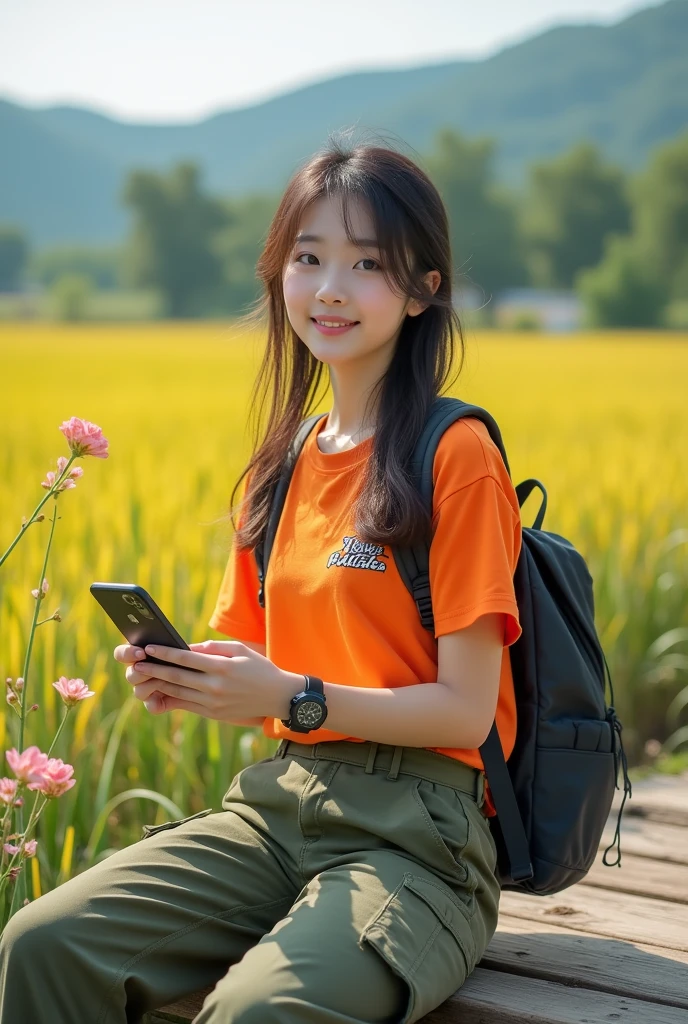 beautiful Korean girl, white, well-groomed face, wearing a long orange t-shirt with the Young Papa logo, cargo pants, backpack, wearing a cool watch, sitting on a wooden bridge, holding an iPhone 15 Promex, there are beautiful flowers blooming, in the background , rice fields grow, rice fields look authentic, photos are original and realistic