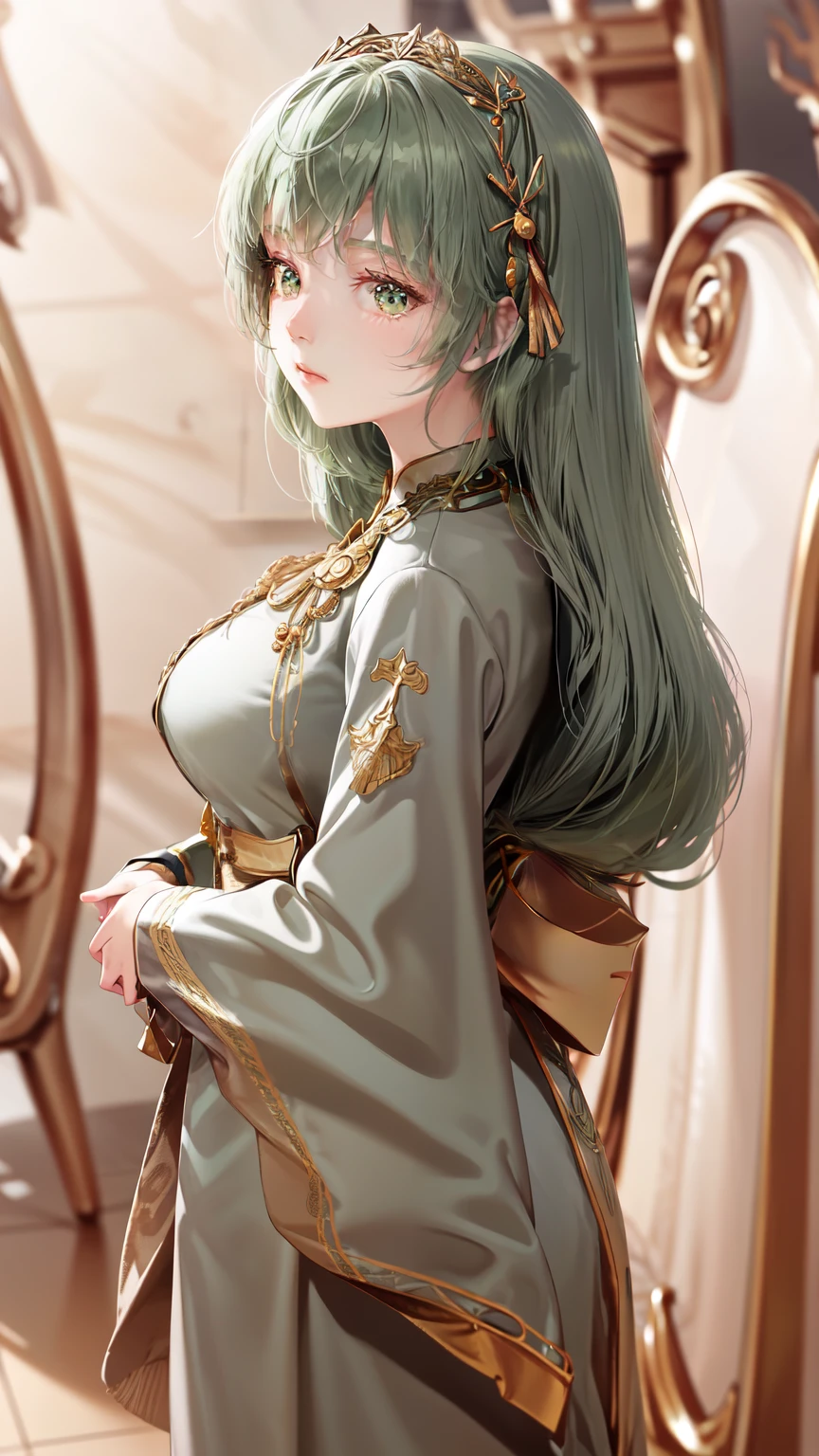 "A young woman with long, flowing green hair that cascades down her back, tied with a ribbon. She has delicate, fair skin and bright, expressive eyes that sparkle with a hint of mischief and intelligence. Her attire is an elegant, traditional Chinese dress in shades of white green, adorned with intricate patterns and a slight aura of light around her, symbolizing her supportive abilities as a spirit master.