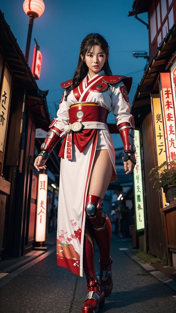 Create a highly detailed image of a Japanese version of Iron Man, standing heroically with a modern Tokyo cityscape in the background. The armor should be inspired by traditional Japanese elements, featuring sleek designs with colors like white, red, and black, and incorporating motifs such as cherry blossoms, samurai armor, or katana-inspired elements. The Japanese flag, with its iconic red circle, should be prominently displayed on the chest plate. The background should feature the Tokyo skyline, including landmarks like Tokyo Tower and Mount Fuji in the distance, set against a twilight or nighttime scene with neon lights and bustling city energy. The overall vibe should be powerful, elegant, and patriotic, blending high-tech with traditional Japanese aesthetics." japnese flag on chest