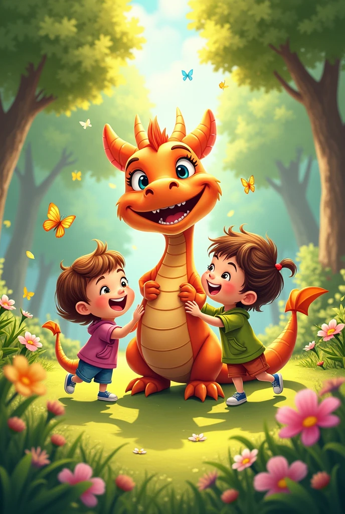 Generate a cartoon image of 4 year old kids playing with dragon in park joyfully