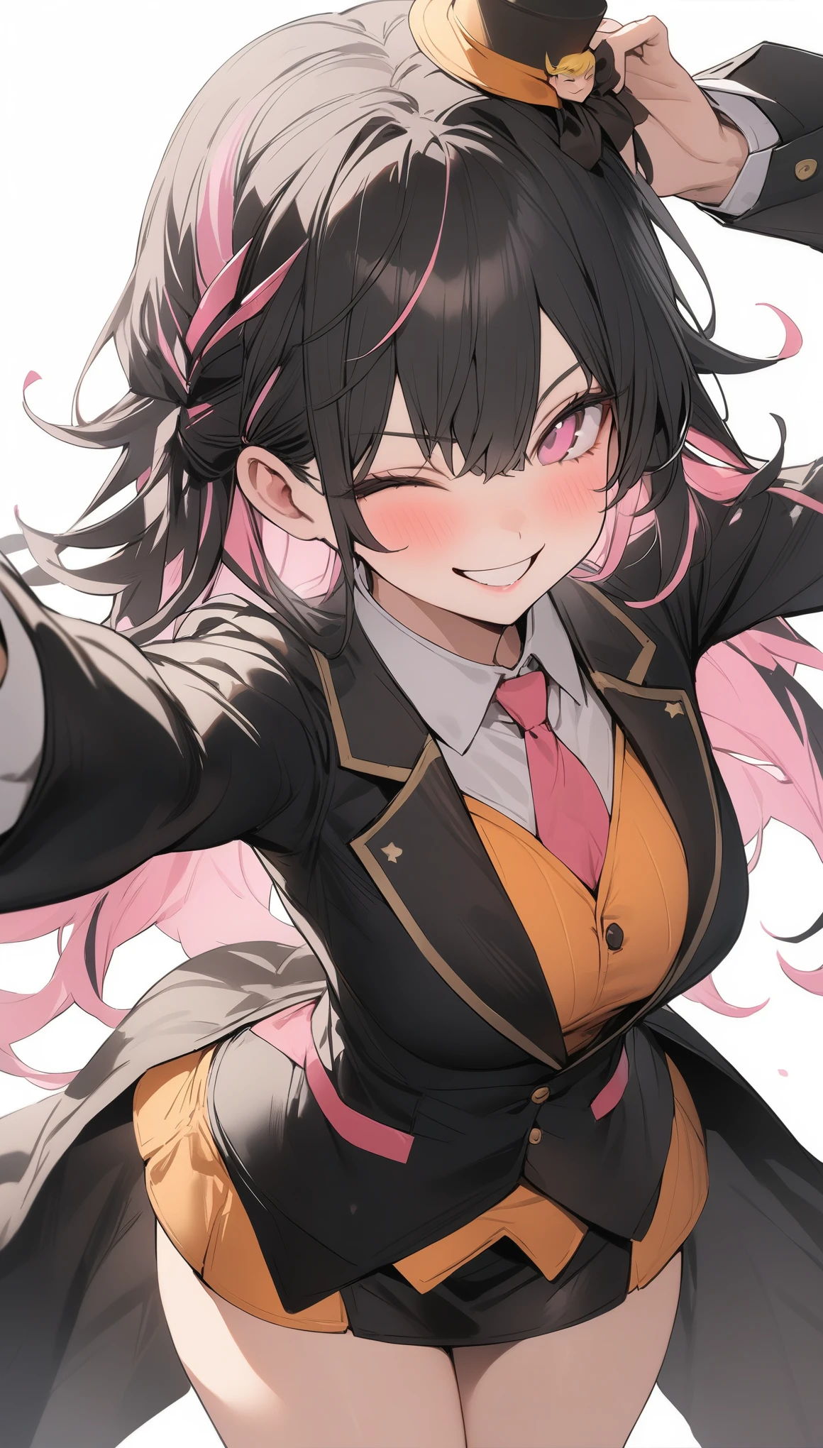 {{masterpiece}}, The best quality of life, 超High resolution, Attention to detail, high quality, High resolution, 最high quality, 4K, 8k,Attention to detail,((Pink and black hair)Multi-colored hair)) 、One person, 1 adult female,((Perfect pink eyes))、((White background))、(((Black suit、mini skirt、Black mini hat、Trump themed costumes))、smile、Winking、Solo Shooting