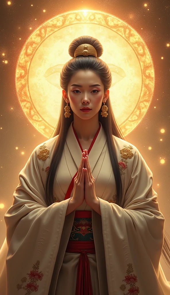 Fortune telling、Japanese Goddess、、Strong Goddess、Upper Body、Background is God々Shining、Size 9:16 Vertical Put your hands together