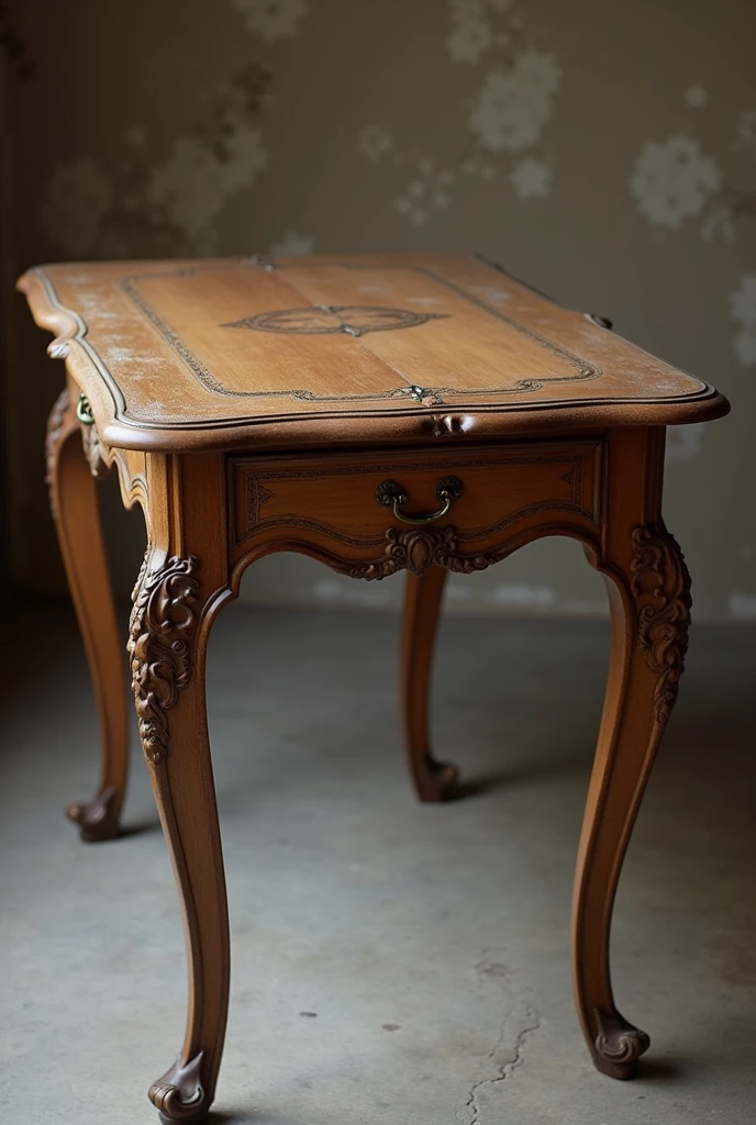 Design a vintage table that captures the charm and elegance of a bygone era. The table should have a sturdy wooden frame, with a rich, distressed finish that reveals the wood's natural grain and history. The tabletop could feature intricate inlays or a slightly worn patina, suggesting years of use and care. The legs should be gracefully turned or cabriole-shaped, with ornate carvings or fluted details, inspired by 18th or 19th-century designs. Consider adding subtle details like brass or bronze accents, such as drawer pulls or corner brackets, to enhance the antique feel. The overall design should evoke a sense of nostalgia and timelessness, making it a perfect piece for a cozy, vintage-inspired living or dining space