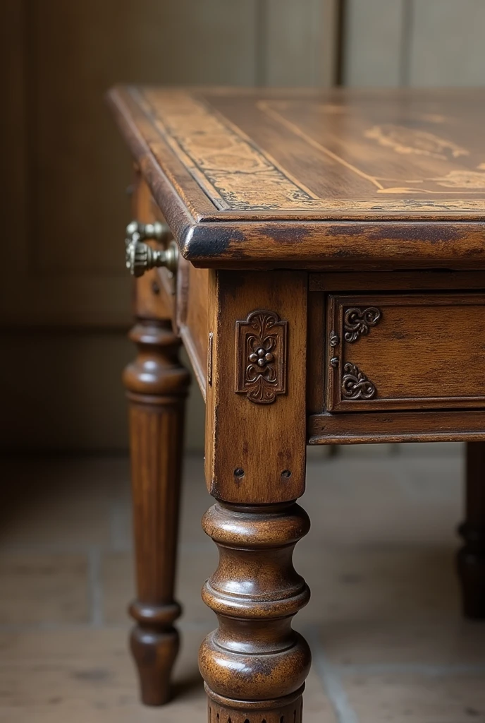 Design a vintage table that captures the charm and elegance of a bygone era. The table should have a sturdy wooden frame, with a rich, distressed finish that reveals the wood's natural grain and history. The tabletop could feature intricate inlays or a slightly worn patina, suggesting years of use and care. The legs should be gracefully turned or cabriole-shaped, with ornate carvings or fluted details, inspired by 18th or 19th-century designs. Consider adding subtle details like brass or bronze accents, such as drawer pulls or corner brackets, to enhance the antique feel. The overall design should evoke a sense of nostalgia and timelessness, making it a perfect piece for a cozy, vintage-inspired living or dining space