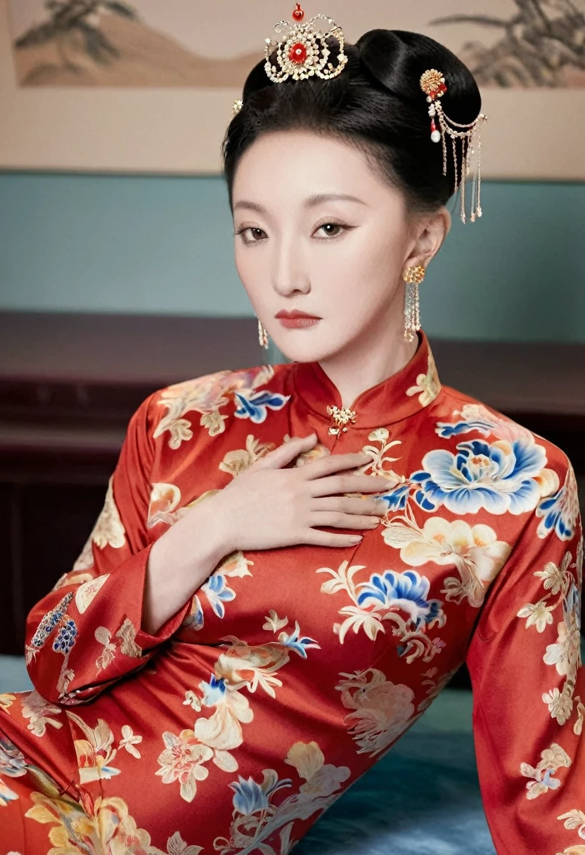 The empress of the Qing Dynasty is wearing a red floral patterned dress, completely naked, with her profile showing and her buttocks sticking out, posing in the luxurious palace of the empress of the Qing Dynasty.