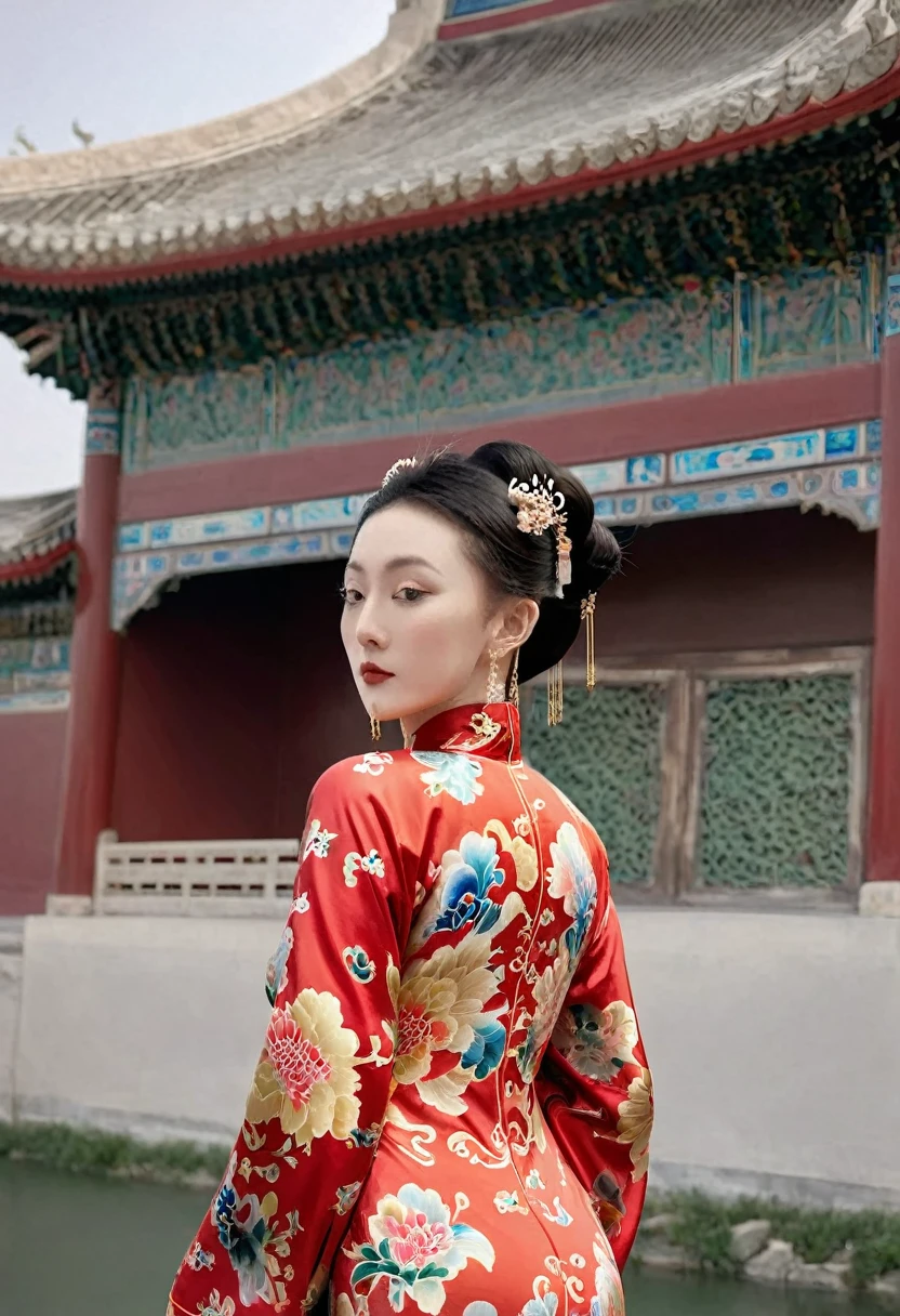 The empress of the Qing Dynasty is wearing a red floral patterned dress, completely naked, with her profile showing and her buttocks sticking out, posing in the luxurious palace of the empress of the Qing Dynasty.