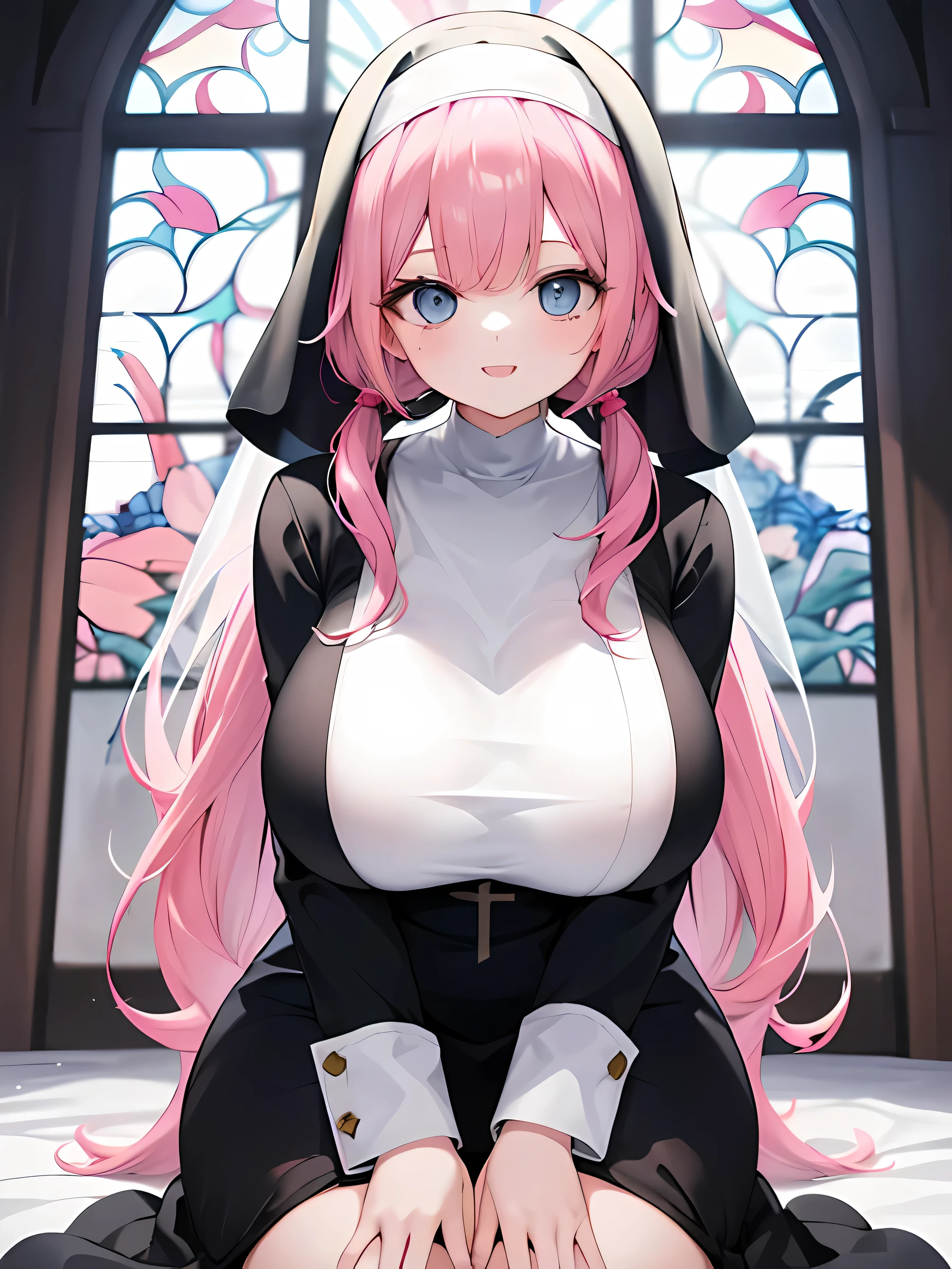 masterpiece,Highest quality,(Very detailed),masterpiece,Written boundary depth,Perfect Sentence, Detailed CG,Very detailed,(Very detailed目,Very cute face,Very detailed顔:1.3),Beautiful Anime Girls,(Solo Girl:1.9),(Super huge breasts:1.9),(Pink Hair,Low Twintails:1.5),(Bright Blue Eyes:1.3),(A joyful smile:1.3),Open your mouth,View Audience,break,(Nuns,Cassock costume:1.5),Sexy clothes,Side bust,church,Stained glass,Holy Light,(Holding hands,pray:1.5),Kneel,(whole body)