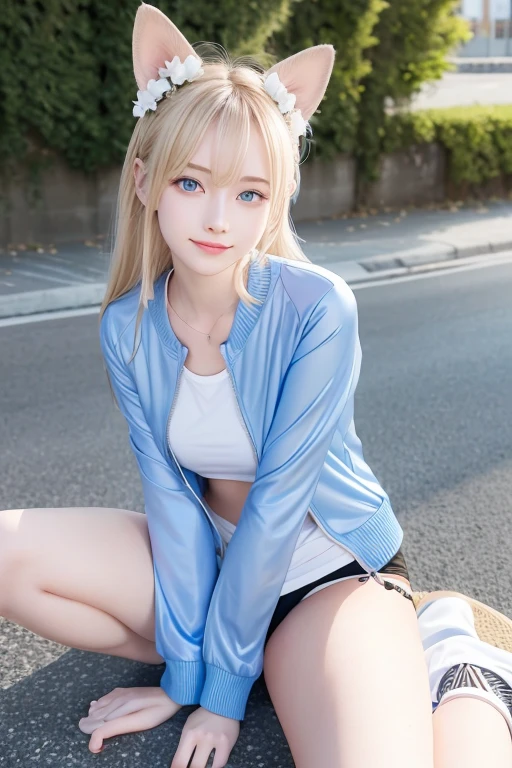 Blue eyes, Sticking out tongue,  Hair blowing in the wind, Cute breasts, smiling, Overlooking, Hair Flower, Beautiful legs
Minimalist, Female college student long sleeve dog ears　Jacket evening　Blonde hair, lying down, jacket showing shoulders
