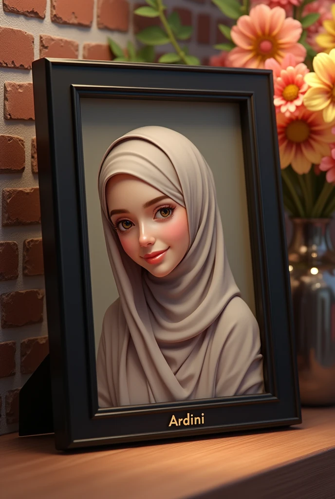 Illustrated 3D a black picture frame. inside the frame is a beautiful ager girl wearing hijab put a name “Ardini” under the frame and behind the girl is flower and LED light the backgroud is brickwall