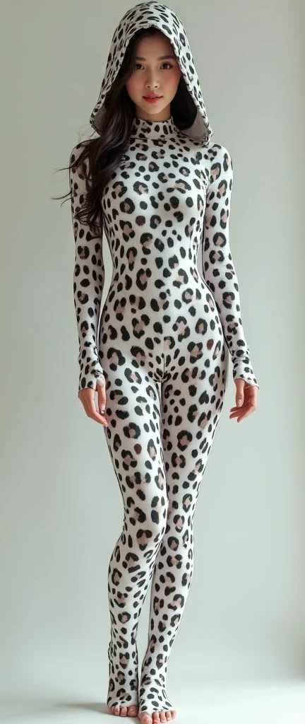 the beautiful and thest Chinese adult girl with beautiful cheeks wears white leopard print lycra footed turtleneck unitard catsuit covered with black leopard patterns.She always wear white leopard print lycra elastane stretchy dancewear hijab-like zentai hood.