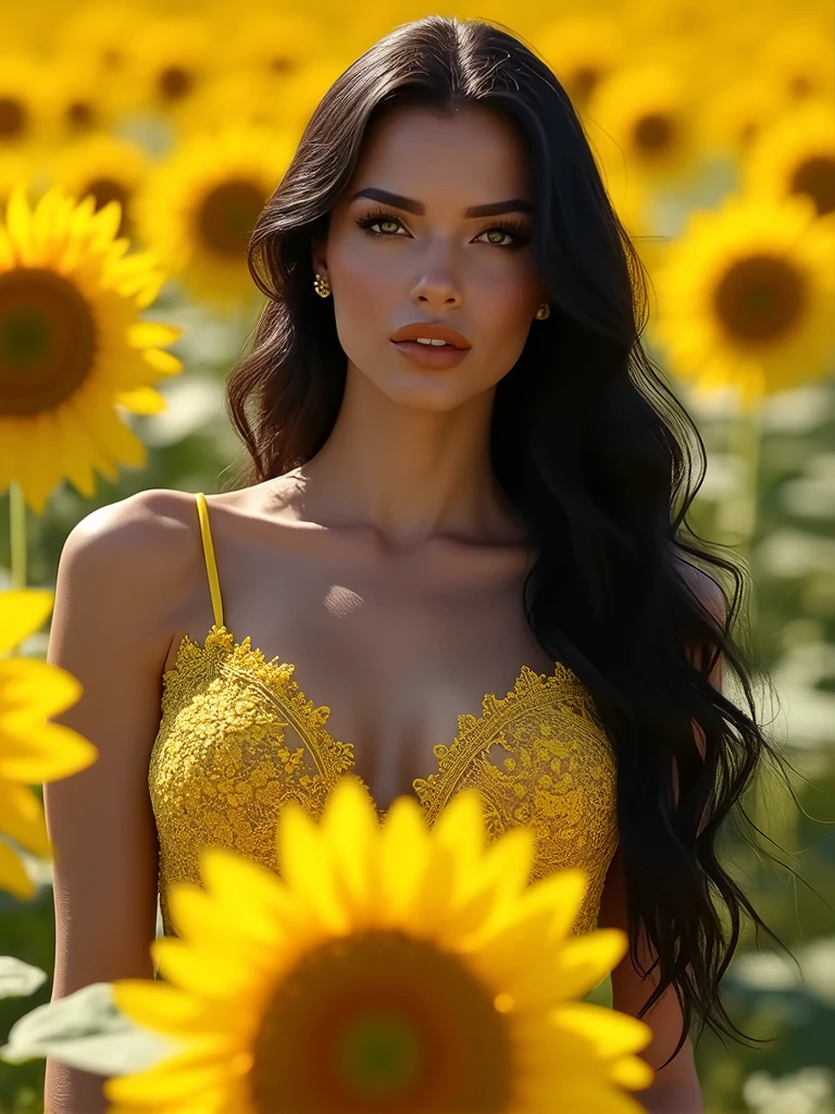 (Masterpiece.Uhd.photorealistic) an ultra hot gorgeous European woman. Age 23. Voluptuous hourglass body. Gorgeous face.epic cleavage ((100 DD SIZE)) Black hair. Black and yellow full lips. Black and yellow sheer lace dress. Pale skin. Smiling, beautiful detailed eyes, beautiful detailed lips, extremely detailed face, long eyelashes, sunflower field, natural lighting, cinematic lighting, highly detailed, 8k, photorealistic, masterpiece, studio lighting, concept art
