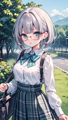 、(masterpiece:1.1)、(Highest quality:1.1)、(White blouse:1.1)、(Checked skirt:1.1)、school uniform、High Waist Skirt、break[Green Grass:pink,:0.5]theme、(Urban Background:1.1)、Denim Lenses、Split the silver、length、Green Eyes、landscape、Large Breasts