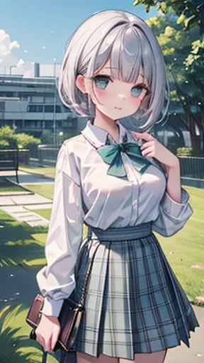 、(masterpiece:1.1)、(Highest quality:1.1)、(White blouse:1.1)、(Checked skirt:1.1)、school uniform、High Waist Skirt、break[Green Grass:pink,:0.5]theme、(Urban Background:1.1)、Denim Lenses、Split the silver、length、Green Eyes、landscape、Large Breasts