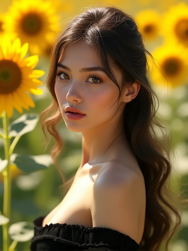 beautiful realistic woman, mid twenties, with freckles and skin details in flower field during golden hour, skin with beautiful nostalgic mood and freckles with emotive face with wet skin and petals falling.  Nude, no clothes