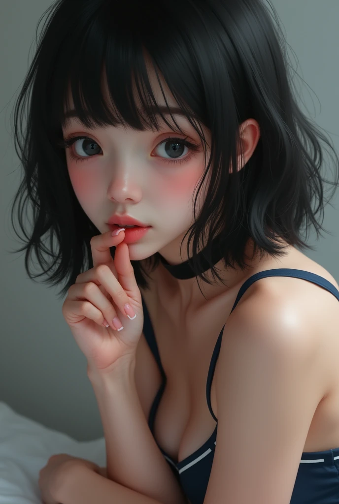 realism pov bed in half nude wet figure fingertips touch own lips with self hand while kneering down and positive approaching for a kiss neat pure beauty girl is beautiful japanese female and beautiful russian female mixed race only in the face age is features of the whole body black hair medium straight bob cut hair style beautiful small face with short eyelashes boyish eyes only high nose dark blue pupils very thin upper lip milky white skin accurate attractive body shape beautiful nomal size bust waist hips thighs knees legs choker and tie on neck take off school uniform with dark blue skirt half opend eyes shy enamored face kindly and slight