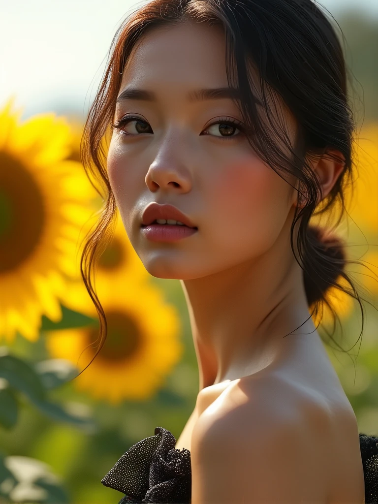 1girl, beautiful detailed eyes, beautiful detailed lips, extremely detailed face, long eyelashes, black and yellow dress, sunflower field, natural lighting, cinematic lighting, highly detailed, 8k, photorealistic, masterpiece, studio lighting, concept art