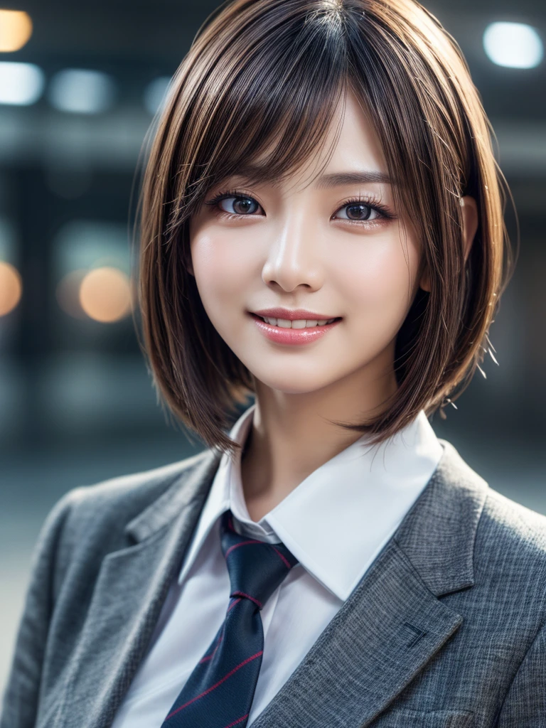 Tabletop, Highest quality, Realistic, Very detailed, finely, High resolution, 8k wallpaper, Cinema Lighting、1 person、Beautiful Japanese Women、30 years old、light brown straight bob hair, Wear a business suit, (Blurred Background、Station platform、noon、Light of the sun)、Sharp focus, Perfect dynamic composition, Narrow eyes:1.5, finely detailed and beautiful eyes, Thin Hair, Detailed and Realistic skin texture, (Smile:1.3), (Tilt your head), Close-up portrait, Model body type