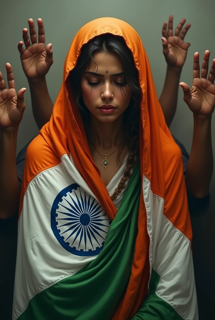 A young Indian woman, symbolizing "Bharat ke Beti," is shown wrapped in the Indian national flag, the Tiranga. The flag drapes over her shoulders, with the orange, white, and green stripes clearly visible, along with the Ashoka Chakra. Her face is tear-streaked, with an expression of deep Crying. The background is men’s hand tuching, emphasizing the emotional impact and the symbolism of the Indian flag. 