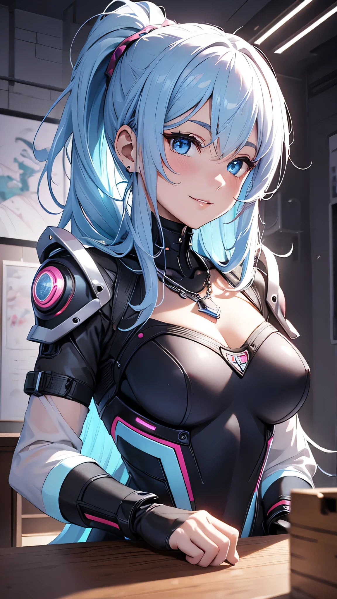 最high quality、Best image quality、masterpiece、and((cute、18-year-old、Best Bust、Medium Bust、Beautiful Blue Eyes、Spread your chest wide,Pastel colored hair、ponytail、Disheveled Hair、thin、Highest valley、Cyber Suit、smile、necklace、Wristband、)）high quality、Beautiful art、background((Virtual Room)),Tabletop、Exquisite design、Visual Arts、Written boundary depth、Best lighting、Highest detail、8ｋ