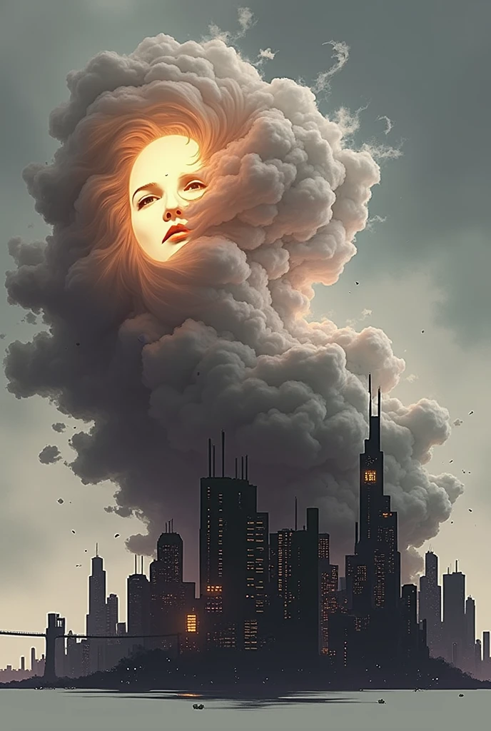 ((Purple mist and smoke shroud:1.7)), (Mysterious Fog:1.5), A visualization of an intense storm: the stormcloud takes the shape of a woman's face, obscured by the shadows and nuances of the turbulent cloud formations. From her mouth, strong winds are emitted, metaphorically speaking. These potent gusts are causing significant damage to a cityscape, reducing buildings to dust. Debris is scattered by the storm, painting a picture of the raw power of nature. However, the scene is devoid of people ensuring everyone's safety is prioritized in this imaginative depiction.