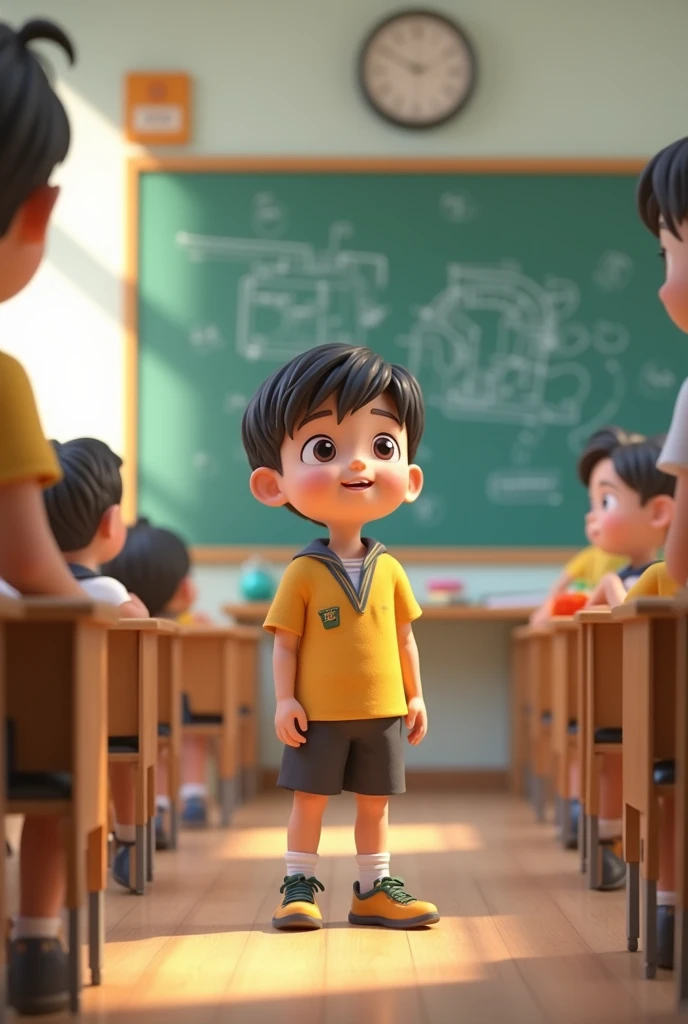 Young boy class Student stanup and saying teacher ai 3d image cartoon type 