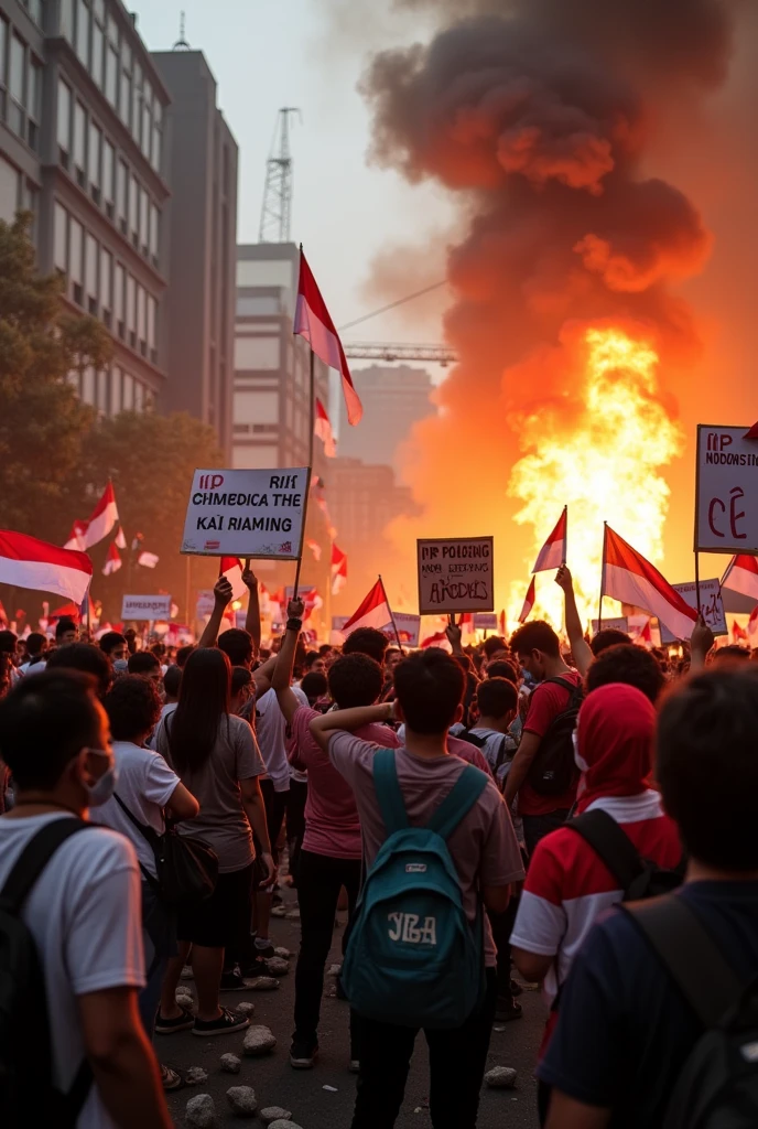 Students and the community are united in holding a big demonstration"while burning a large fire while throwing stones filled with smoke. Students held a demonstration using face coverings while carrying red and white flags and signs saying "RIP Indonesia" and signs saying "RIP Democracy".