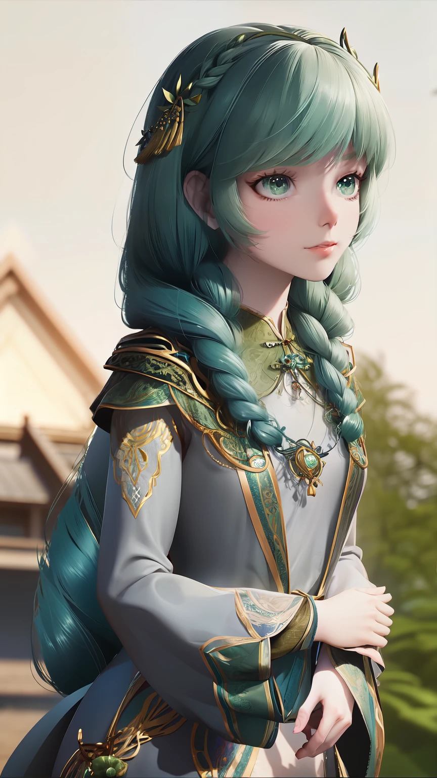 "A young woman with long, flowing green hair that cascades down her back, tied with a ribbon. She has delicate, fair skin and bright, expressive eyes that sparkle with a hint of mischief and intelligence. Her attire is an elegant, traditional Chinese dress in shades of white green, adorned with intricate patterns and a slight aura of light around her, symbolizing her supportive abilities as a spirit master.