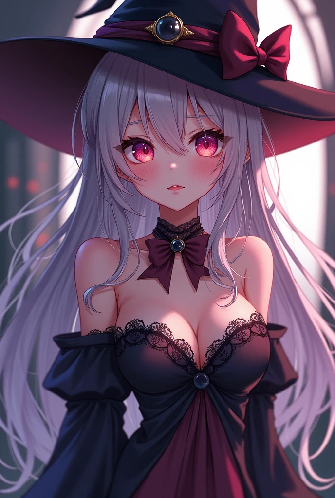 beautiful and seductive one girl being flirty and wearing witch clothes but the clothes is very revealing and seductive and the art style is anime but not too revealing