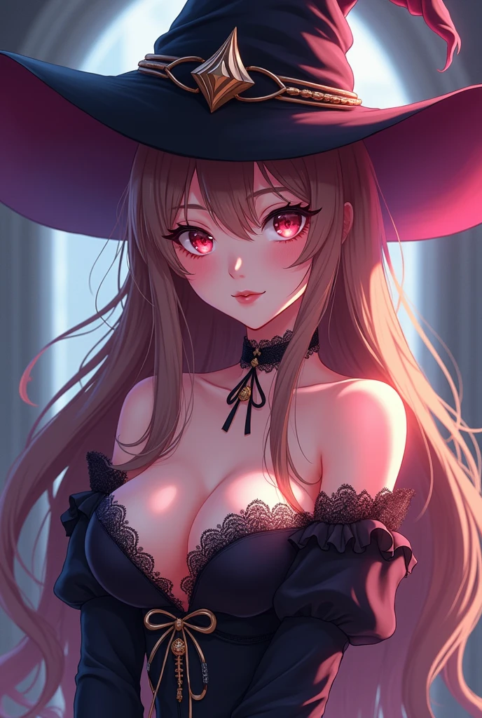 beautiful and seductive one girl being flirty and wearing witch clothes but the clothes is very revealing and seductive and the art style is anime but not too revealing 